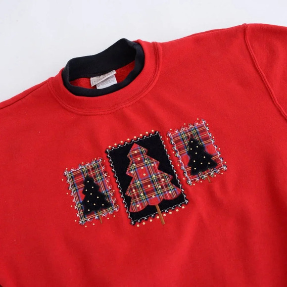 Vintage 90's Top Stitch By Morning Sun Red Christmas Tree Crewneck Sweater Med - Picture 9 of 13